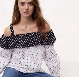 Ann Taylor Loft Black White Color Block Swiss Dot Cold Shoulder Top Blouse XS